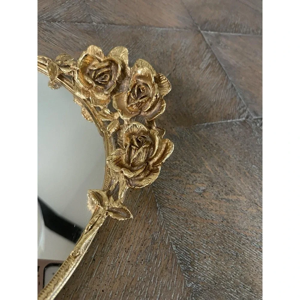 Vtg Stylebuilt Gold Ormolu Vanity Mirror Oval Tray Rose Handle Hollywood Regency